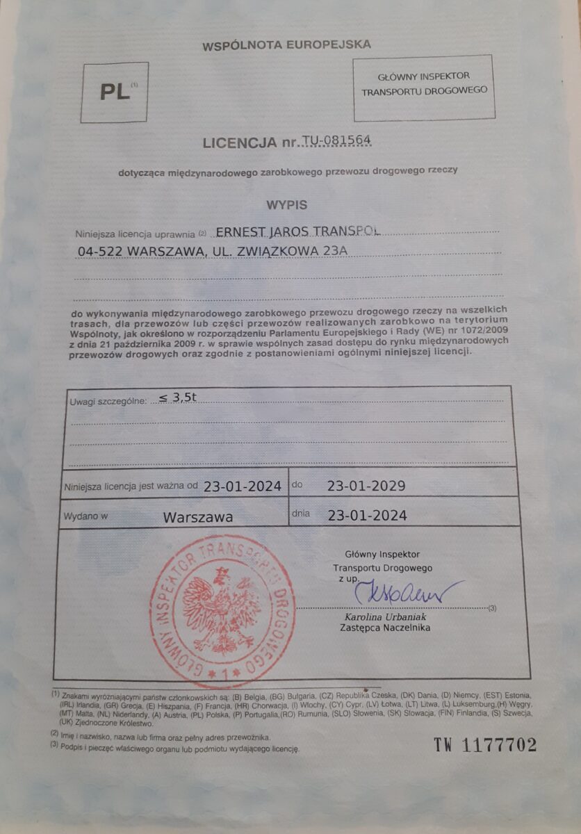 Licencja wspólnotowa UE na transport międzynarodowy