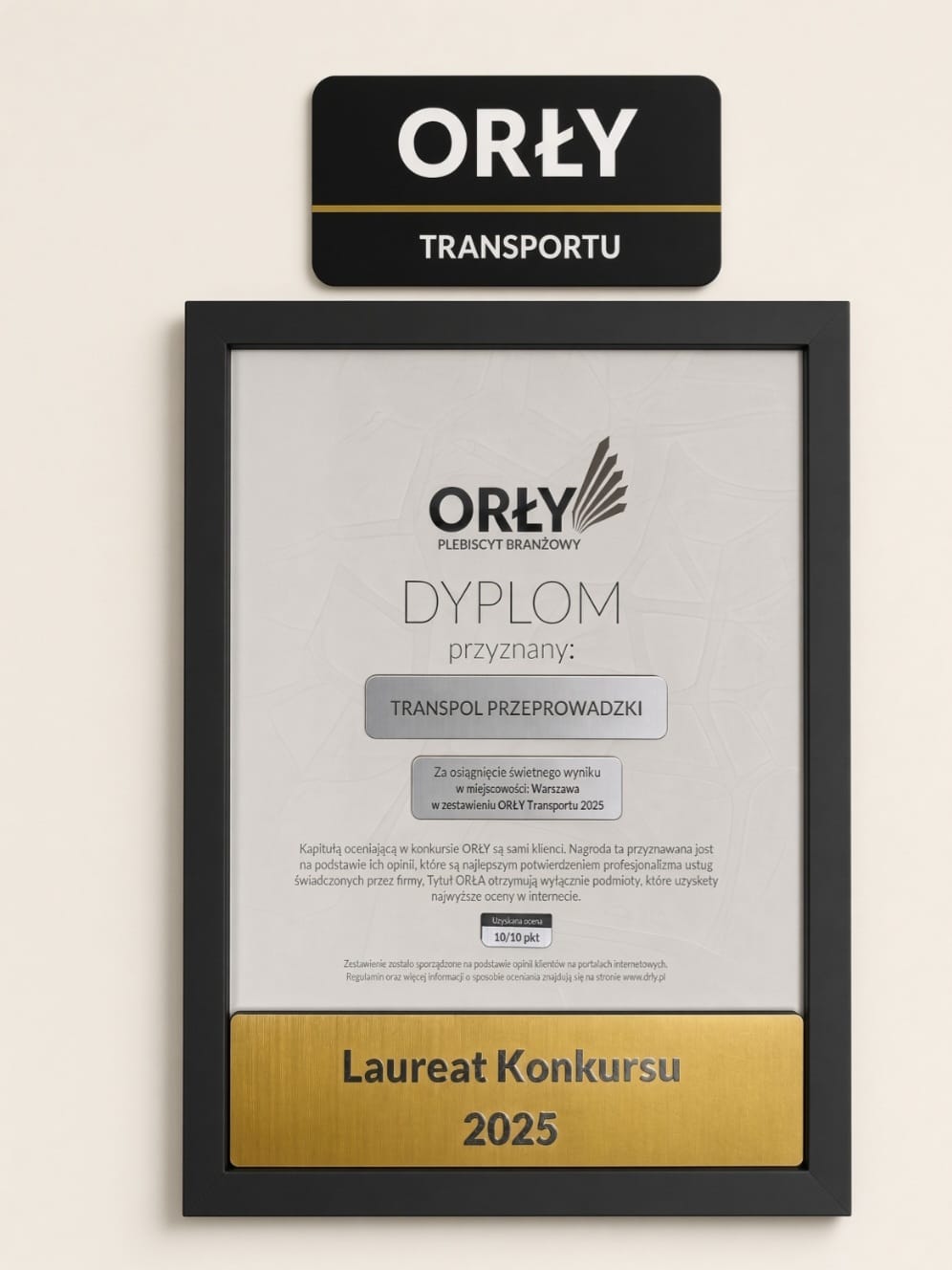 Dyplom Laureata Konkursu Orły Transportu 2025 dla Transpol Przeprowadzki