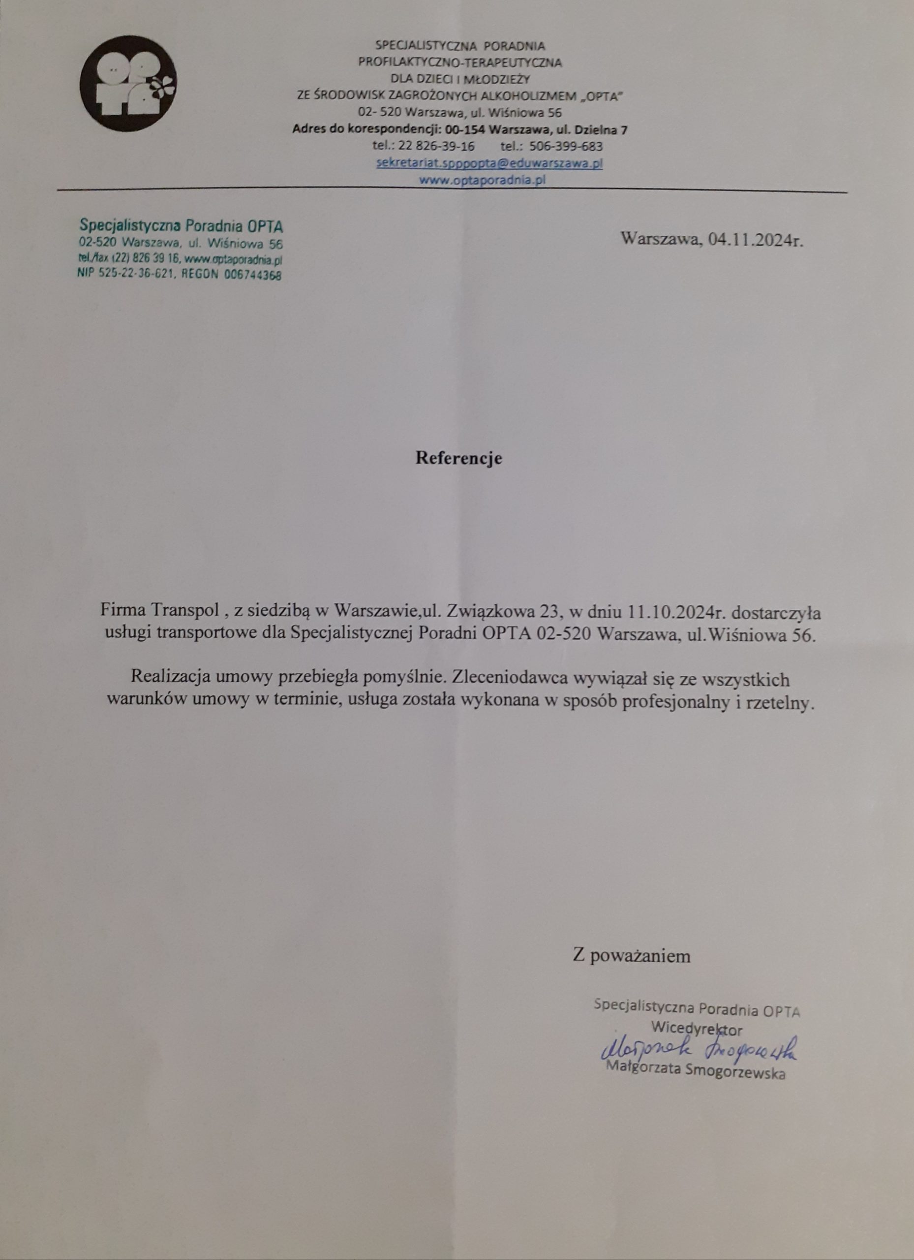 Referencje - Specjalistyczna Poradnia OPTA (listopad 2024)