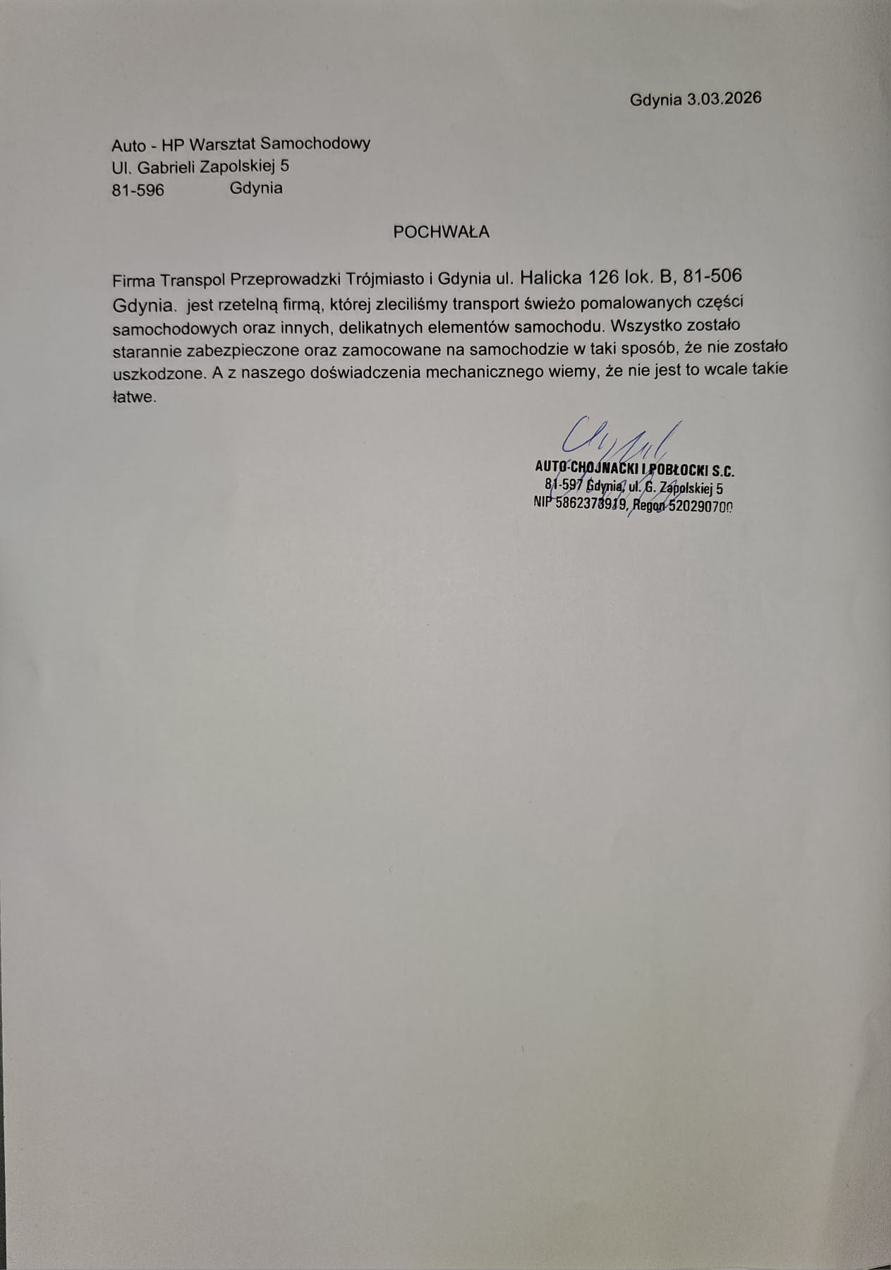 Pochwała - Auto-HP Warsztat Samochodowy, Gdynia