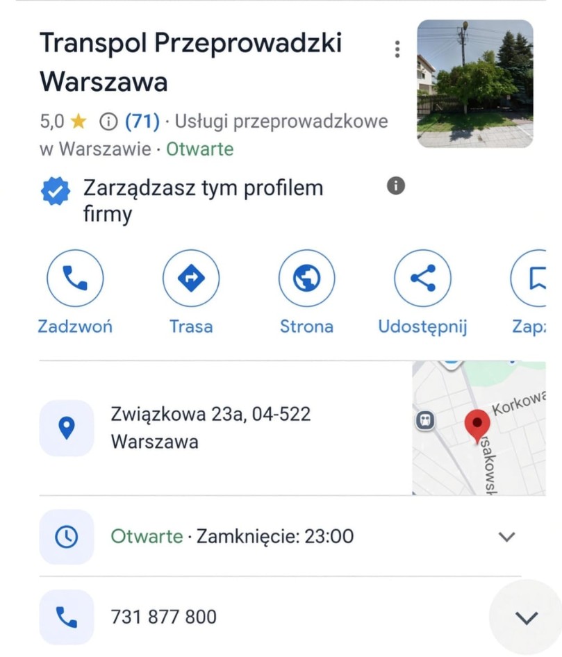 Wizytówka Google Transpol Przeprowadzki Warszawa, ocena 5,0 z 71 opinii, ul. Związkowa 23a